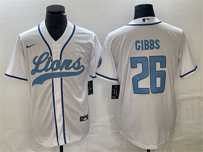 Custom Men’s Detroit Lions #26 Jahmyr Gibbs White Cool Base Stitched Baseball Jersey