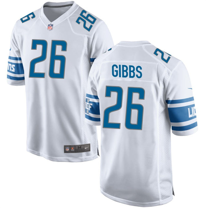 Custom Men’s Detroit Lions #26 Jahmyr Gibbs White Stitched Game Jersey