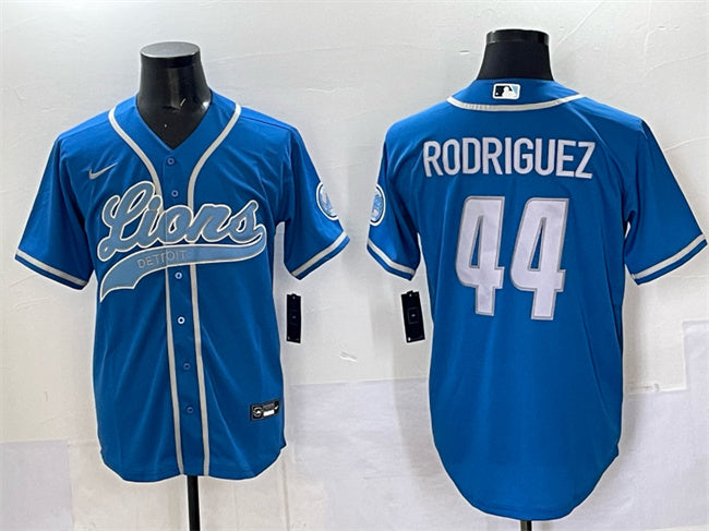 Custom Men’s Detroit Lions #44 Malcolm Rodriguez Blue Cool Base Stitched Baseball Jersey