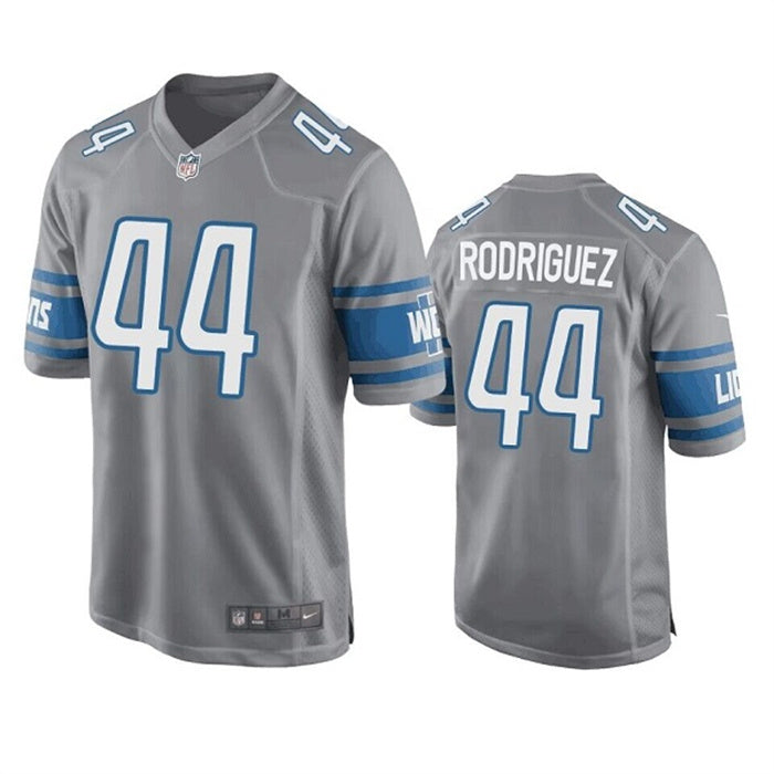 Custom Men’s Detroit Lions #44 Malcolm Rodriguez Grey Stitched Game Jersey