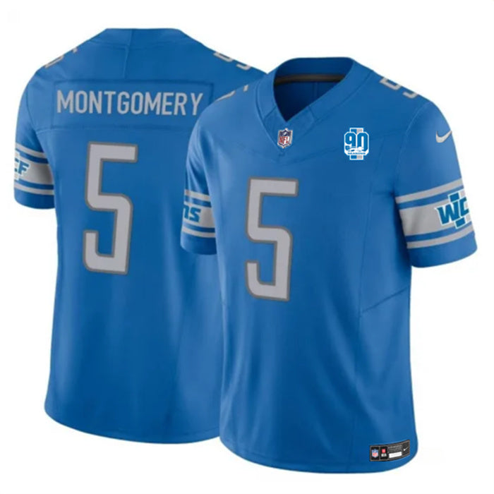Custom Men’s Detroit Lions #5 David Montgomery Blue 2023 F.U.S.E. 90th Anniversary Vapor Untouchable Limited Stitched Jersey