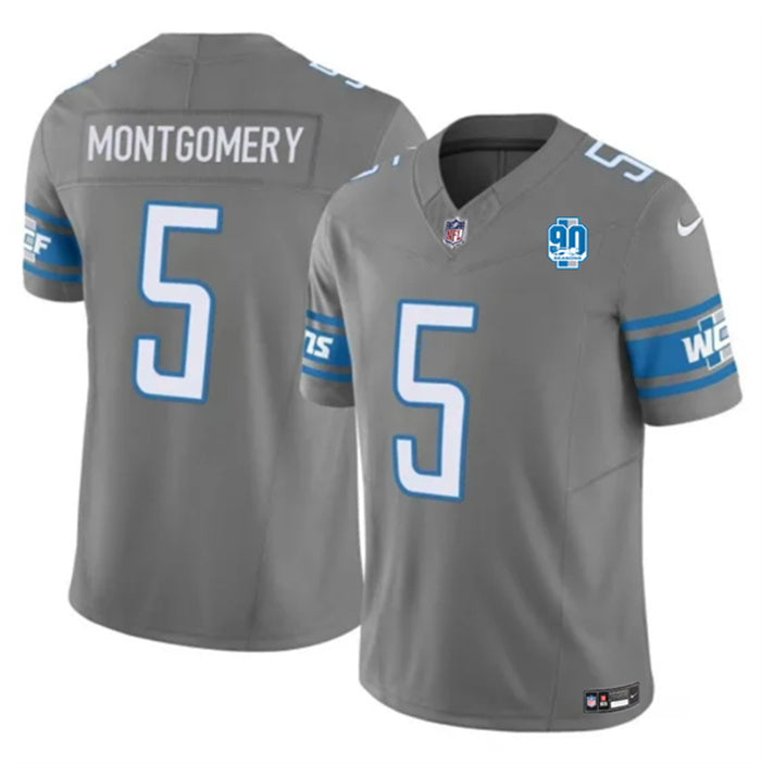 Custom Men’s Detroit Lions #5 David Montgomery Grey 2023 F.U.S.E. 90th Anniversary Vapor Untouchable Limited Stitched Jersey