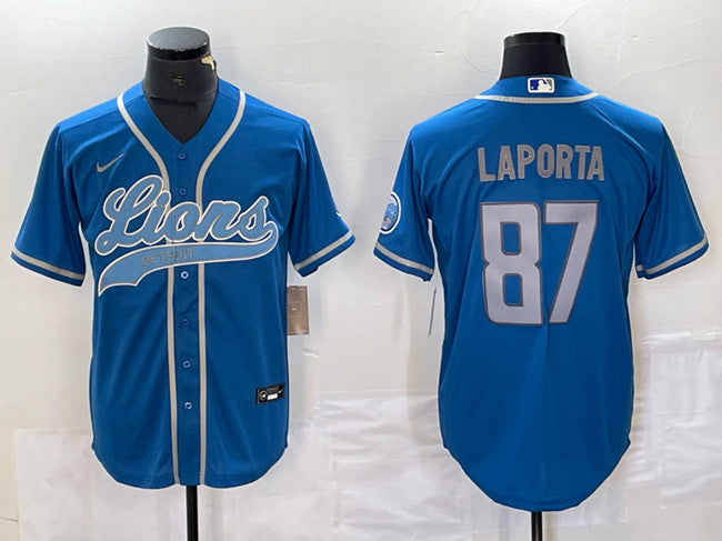 Custom Men’s Detroit Lions #87 Sam LaPorta Blue Cool Base Stitched Baseball Jersey