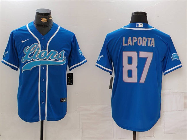 Custom Men’s Detroit Lions #87 Sam LaPorta Blue Cool Base Stitched Baseball Jersey