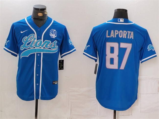 Custom Men’s Detroit Lions #87 Sam LaPorta Blue With 90th Anniversary Patch Cool Base Stitched Baseball Jersey