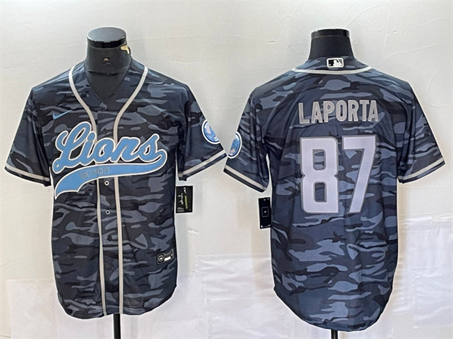 Custom Men’s Detroit Lions #87 Sam LaPorta Grey Camo Cool Base Stitched Baseball Jersey