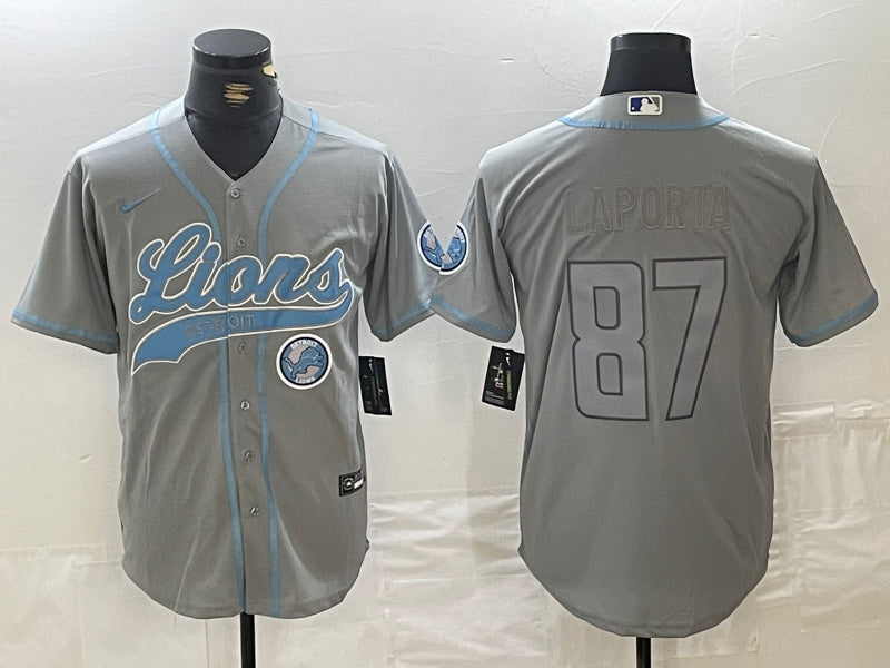 Custom Men’s Detroit Lions #87 Sam LaPorta Grey Cool Base Stitched Baseball Jerseys