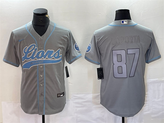 Custom Men’s Detroit Lions #87 Sam LaPorta Grey Cool Base Stitched Baseball Jersey