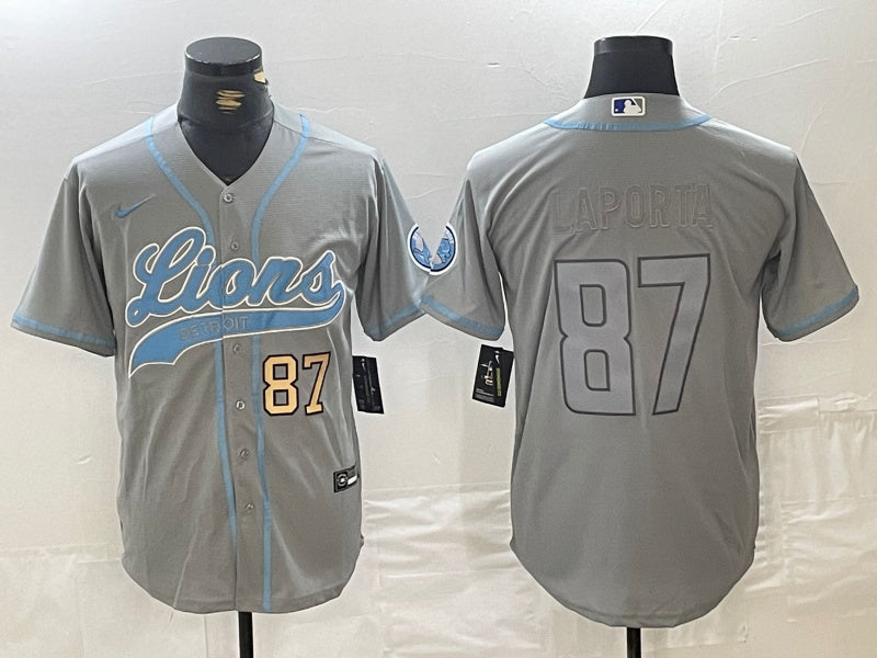 Custom Men’s Detroit Lions #87 Sam LaPorta Grey Cool Base Stitched Baseball Jersey