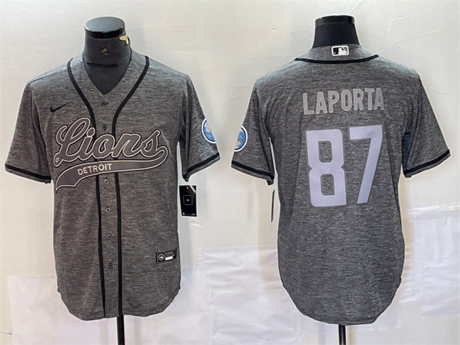 Custom Men’s Detroit Lions #87 Sam LaPorta Grey Cool Base Stitched Baseball Jerseys