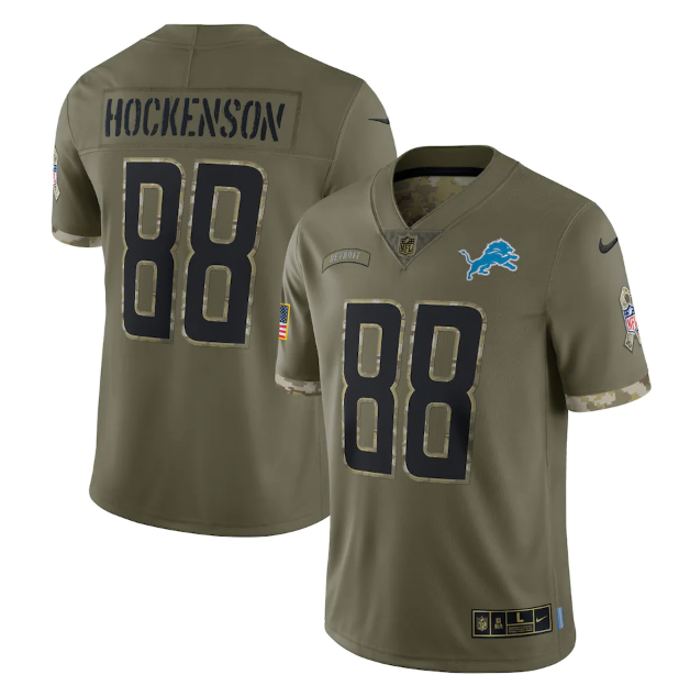 Custom Men’s Detroit Lions #88 T. J. Hockenson Olive 2022 Salute To Service Limited Stitched Jersey