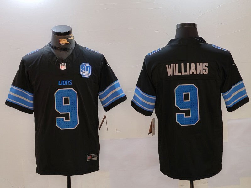 Custom Men’s Detroit Lions #9 Jameson Williams Black 2024 F.U.S.E. 2nd Alternate With 90th Anniversary Patch Vapor Limited Stitched Jersey