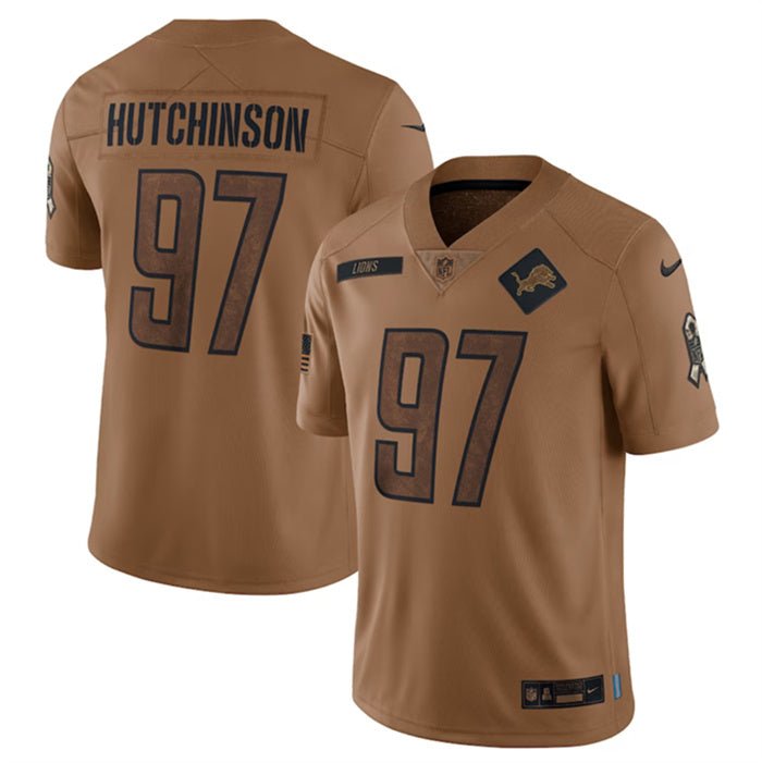 Custom Men’s Detroit Lions #97 Aidan Hutchinson 2023 Brown Salute To Service Limited Stitched Jersey