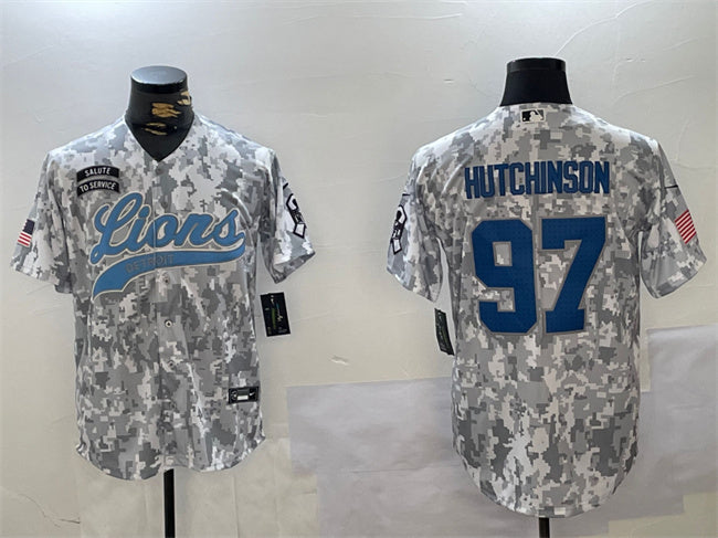 Custom Men’s Detroit Lions #97 Aidan Hutchinson 2024 Arctic Camo Salute To Service Stitched Baseball Jersey