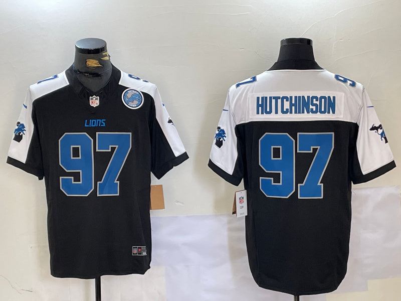 Custom Men’s Detroit Lions #97 Aidan Hutchinson Black White F.U.S.E. 2024 Michigan Patch Vapor Limited Stitched Jerseys