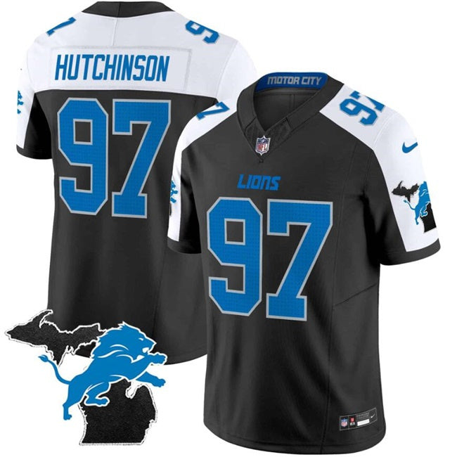 Custom Men’s Detroit Lions #97 Aidan Hutchinson Black White F.U.S.E. 2024 Michigan Patch Vapor Limited Stitched Jersey
