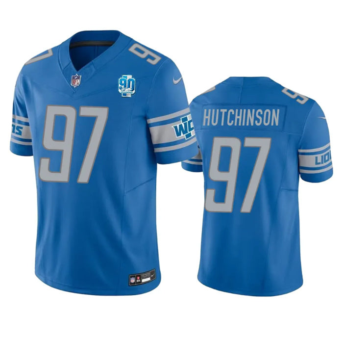 Custom Men’s Detroit Lions #97 Aidan Hutchinson Blue 2023 F.U.S.E. 90th Anniversary Vapor Untouchable Limited Stitched Jersey