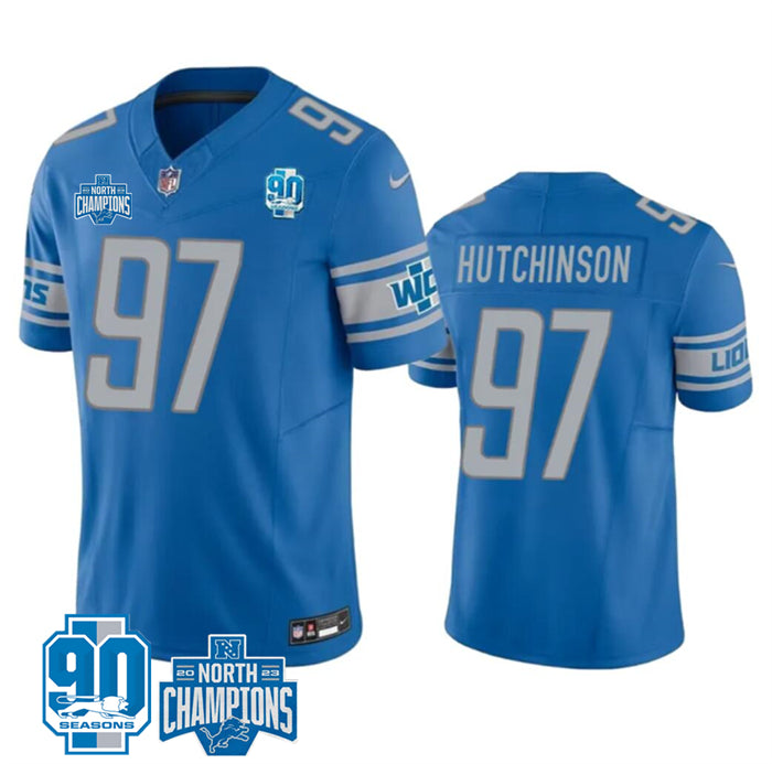 Custom Men’s Detroit Lions #97 Aidan Hutchinson Blue 2023 F.U.S.E. 90th AnniversaryNFC North Division Champions Vapor Untouchable Limited Stitched Jersey
