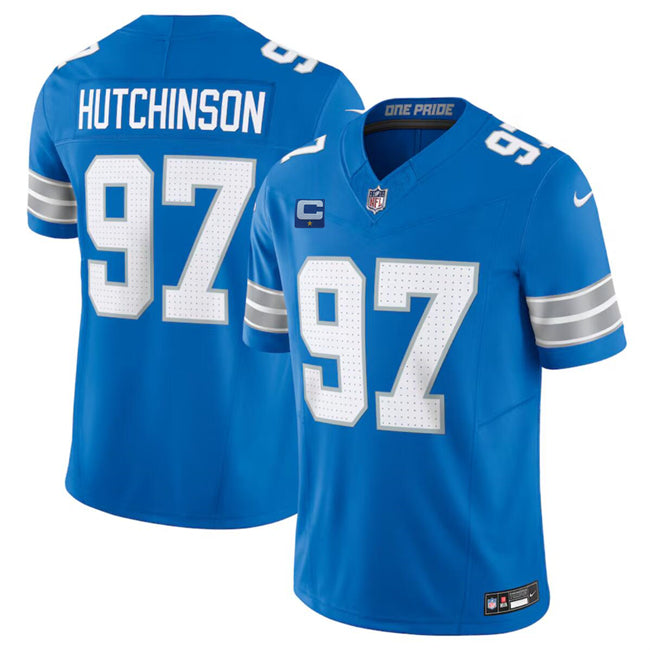 Custom Men’s Detroit Lions #97 Aidan Hutchinson Blue 2024 F.U.S.E. With 1-Star C Patch Vapor Limited Stitched Jersey