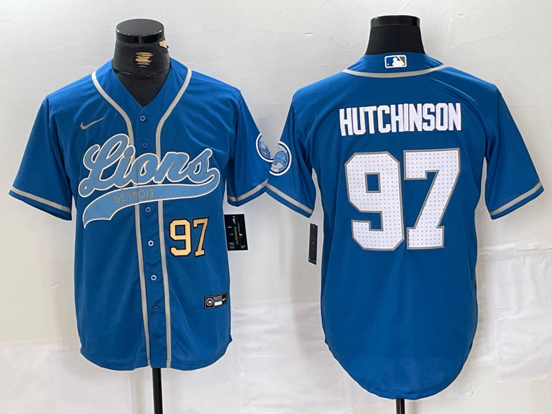 Custom Men’s Detroit Lions #97 Aidan Hutchinson Blue Cool Base Stitched Baseball Jerseys