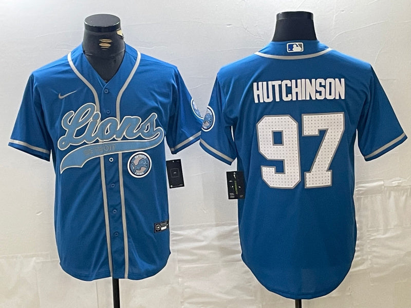 Custom Men’s Detroit Lions #97 Aidan Hutchinson Blue Cool Base Stitched Baseball Jerseys