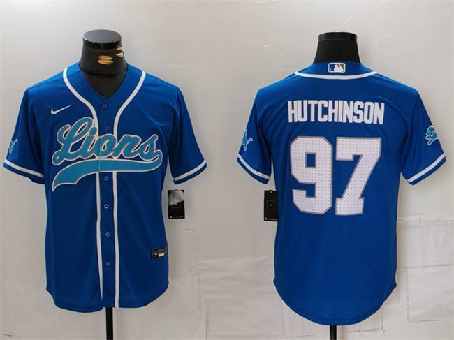 Custom Men’s Detroit Lions #97 Aidan Hutchinson Blue Cool Base Stitched Baseball Jersey