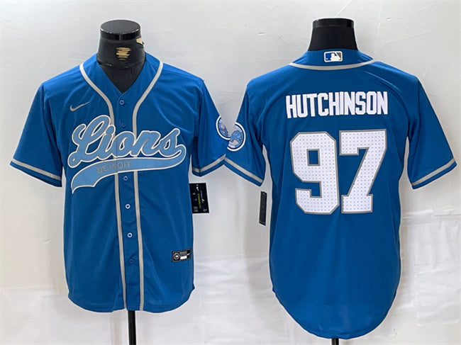 Custom Men’s Detroit Lions #97 Aidan Hutchinson Blue Cool Base Stitched Baseball Jersey