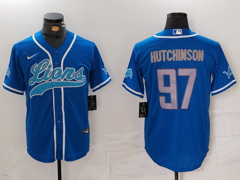 Custom Men’s Detroit Lions #97 Aidan Hutchinson Blue Cool Base Stitched Baseball Jersey