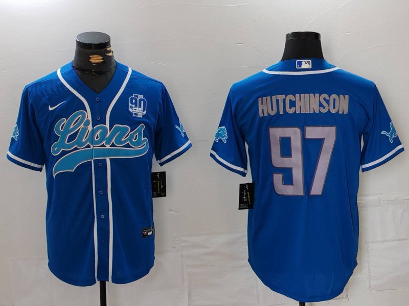 Custom Men’s Detroit Lions #97 Aidan Hutchinson Blue With 90th Anniversary Patch Cool Base Stitched Baseball Jersey