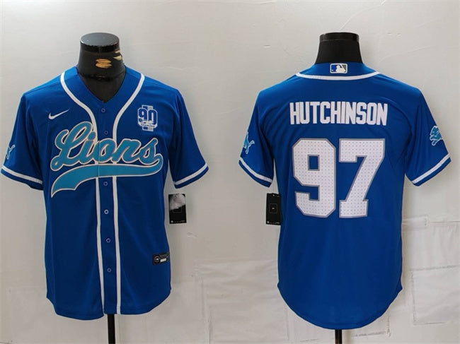 Custom Men’s Detroit Lions #97 Aidan Hutchinson Blue With 90th Anniversary Patch Cool Base Stitched Baseball Jersey