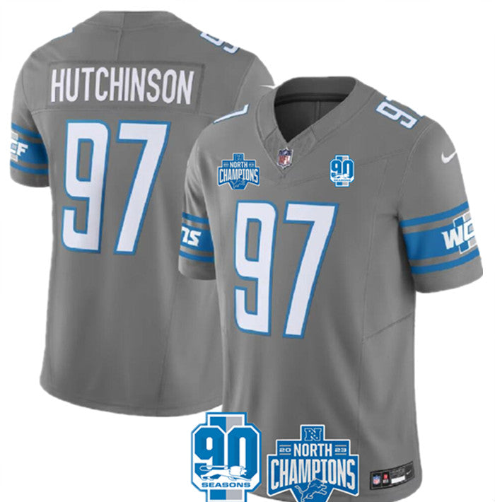 Custom Men’s Detroit Lions #97 Aidan Hutchinson Grey 2023 F.U.S.E. 90th Anniversary NFC North Division Champions Vapor Untouchable Limited Stitched Jersey