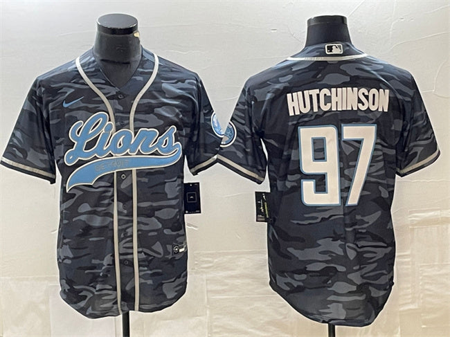 Custom Men’s Detroit Lions #97 Aidan Hutchinson Grey Camo Cool Base Stitched Baseball Jersey