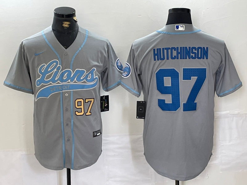 Custom Men’s Detroit Lions #97 Aidan Hutchinson Grey Cool Base Stitched Baseball Jerseys