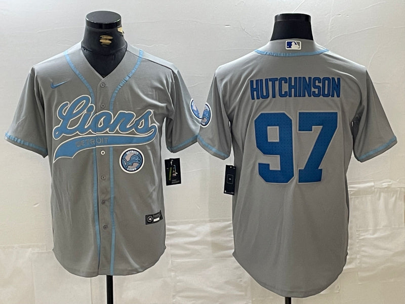 Custom Men’s Detroit Lions #97 Aidan Hutchinson Grey Cool Base Stitched Baseball Jerseys