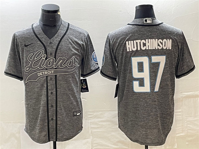 Custom Men’s Detroit Lions #97 Aidan Hutchinson Grey Cool Base Stitched Baseball Jersey