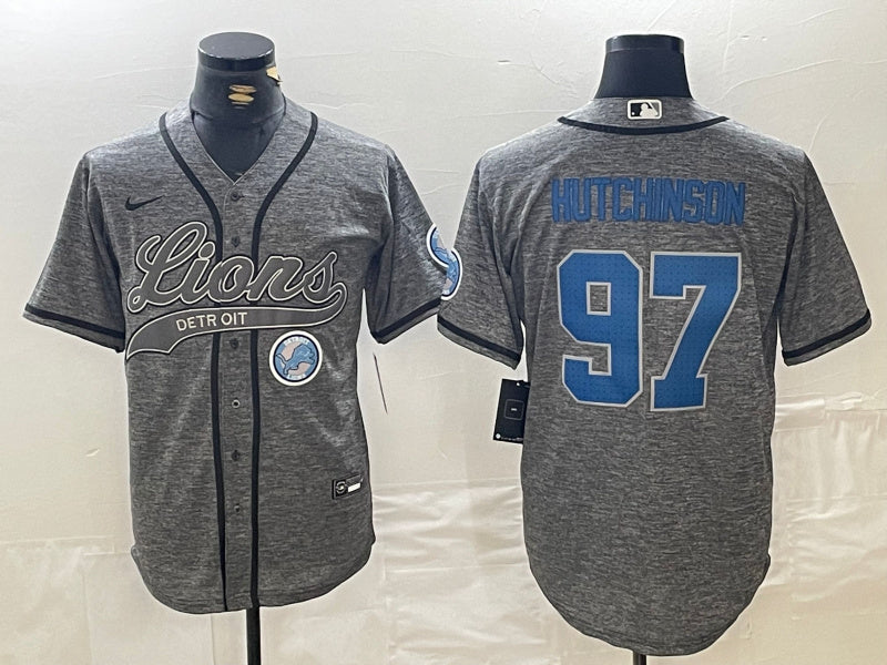 Custom Men’s Detroit Lions #97 Aidan Hutchinson Grey Cool Base Stitched Baseball Jerseys