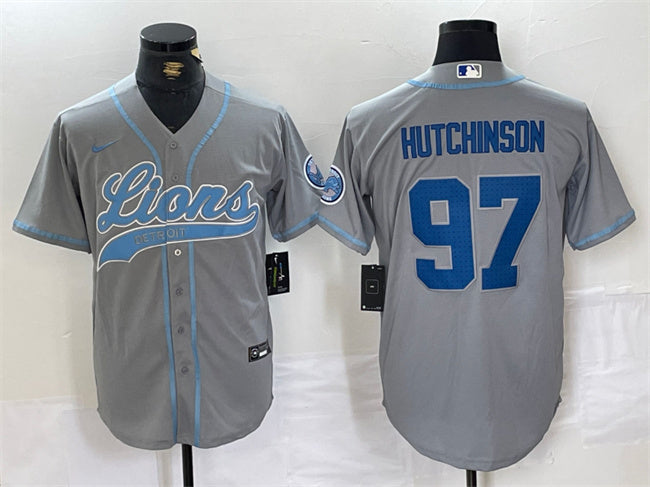 Custom Men’s Detroit Lions #97 Aidan Hutchinson Grey Cool Base Stitched Baseball Jersey