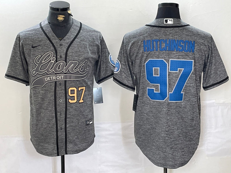 Custom Men’s Detroit Lions #97 Aidan Hutchinson Grey Cool Base Stitched Baseball Jerseys