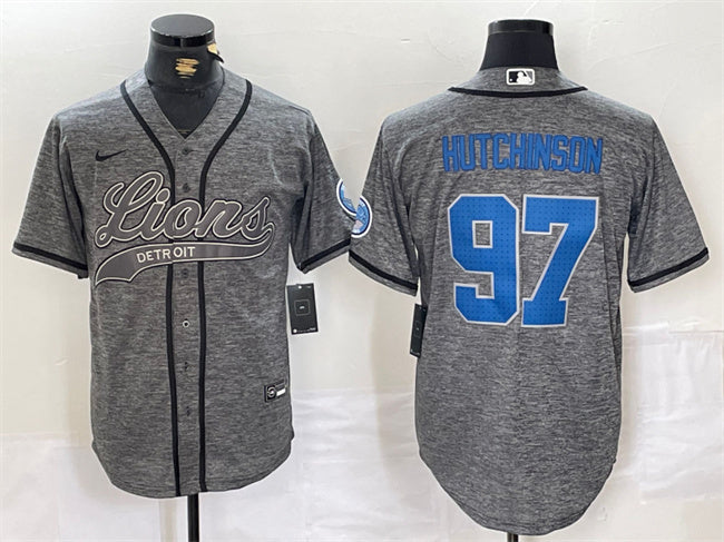 Custom Men’s Detroit Lions #97 Aidan Hutchinson Grey Cool Base Stitched Baseball Jersey
