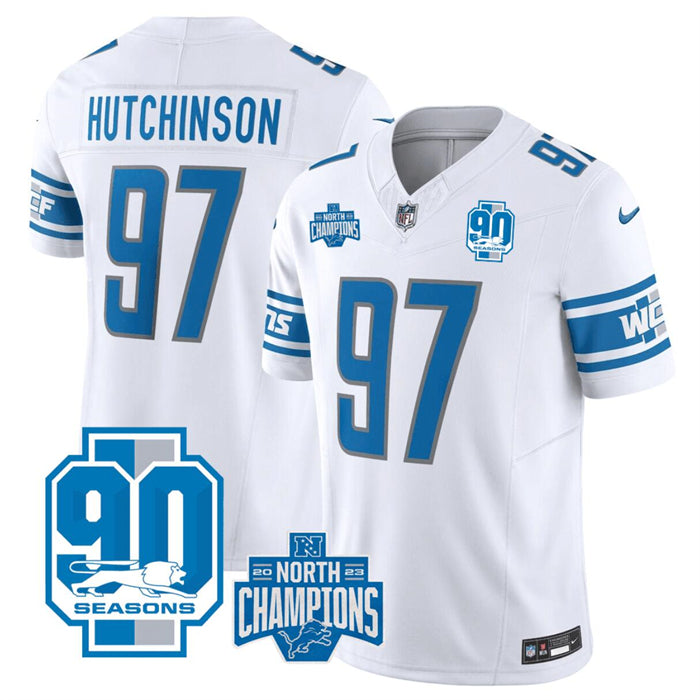 Custom Men’s Detroit Lions #97 Aidan Hutchinson White 2023 F.U.S.E. 90th Anniversary NFC North Division Champions Vapor Untouchable Limited Stitched Jersey
