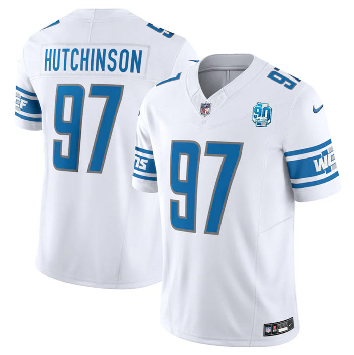Custom Men’s Detroit Lions #97 Aidan Hutchinson White 2023 F.U.S.E. 90th Anniversary Vapor Untouchable Limited Stitched Jersey