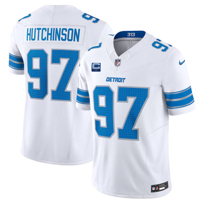 Custom Men’s Detroit Lions #97 Aidan Hutchinson White 2024 F.U.S.E. With 1-Star C Patch Vapor Untouchable Limited Stitched Jersey