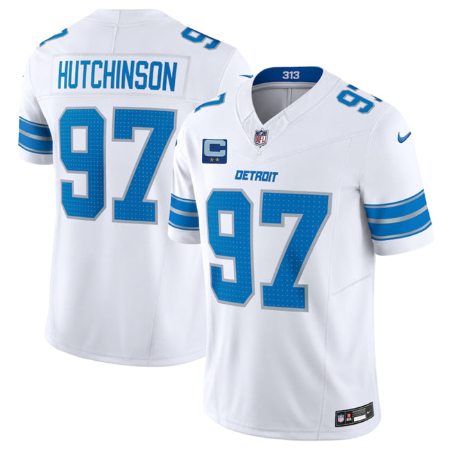 Custom Men’s Detroit Lions #97 Aidan Hutchinson White 2025 F.U.S.E. With 2-Star C Patch Vapor Limited Stitched Jersey