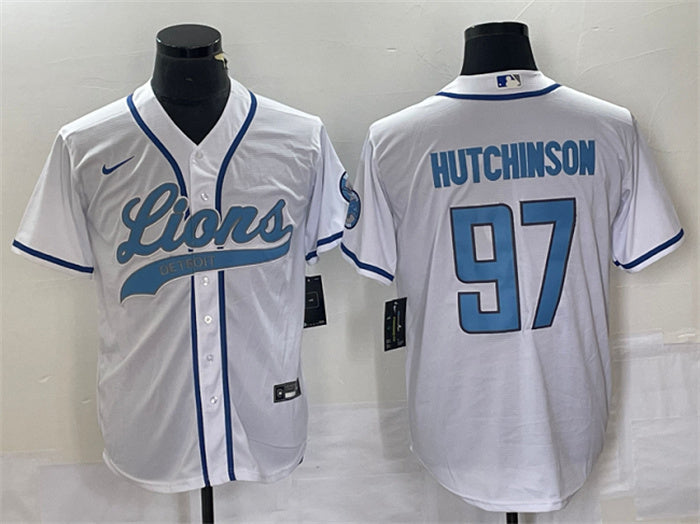Custom Men’s Detroit Lions #97 Aidan Hutchinson White Cool Base Stitched Baseball Jersey