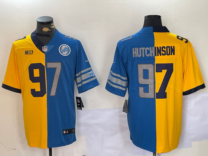 Custom Men’s Detroit Lions #97 Aidan Hutchinson Yellow Blue Split Vapor Limited Stitched Jerseys