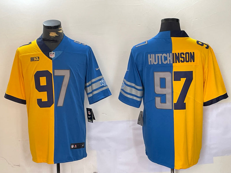Custom Men’s Detroit Lions #97 Aidan Hutchinson Yellow Blue Split Vapor Limited Stitched Jersey