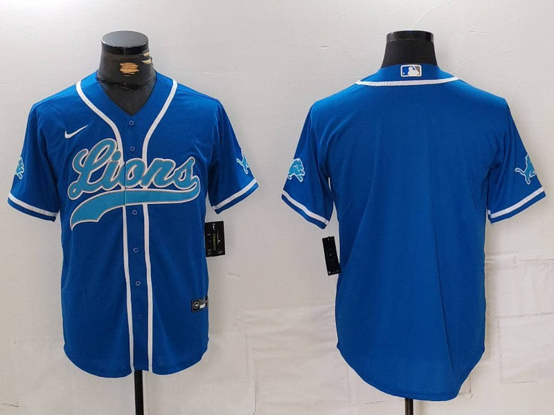 Custom Men’s Detroit Lions Blank Blue Cool Base Stitched Baseball Jersey