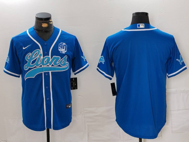 Custom Men’s Detroit Lions Blank Blue With 90th Anniversary Patch Cool Base Stitched Baseball Jersey