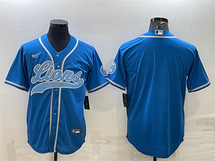 Custom Men’s Detroit Lions Blank Blue With Patch Cool Base Stitched Baseball Jersey