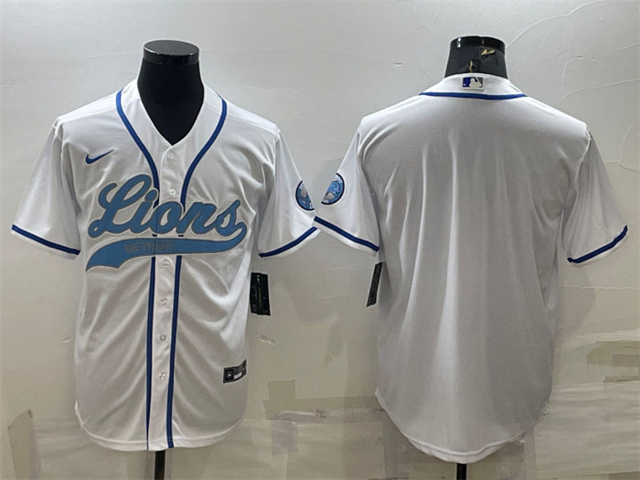 Custom Men’s Detroit Lions Blank White With Patch Cool Base Stitched Baseball Jersey